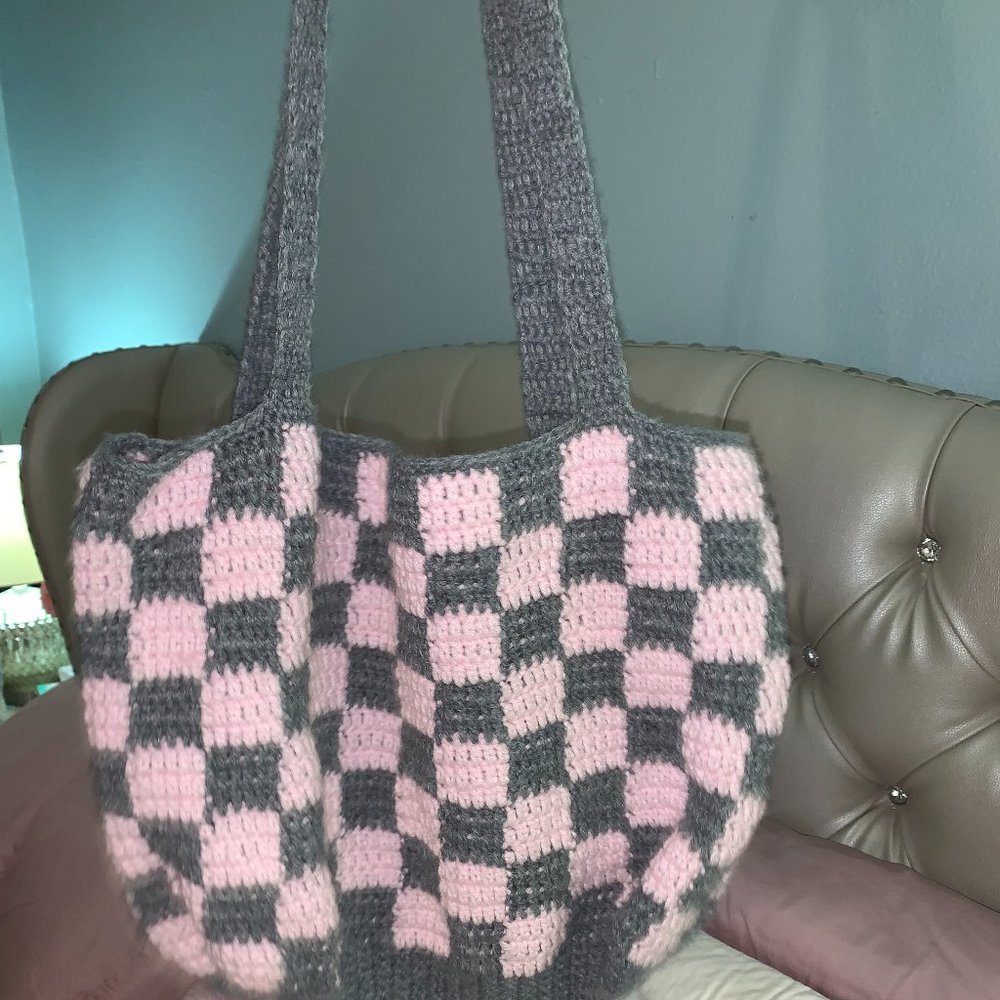 Handmade Checkered Crochet Tote Bag, Color: Pink+Grey